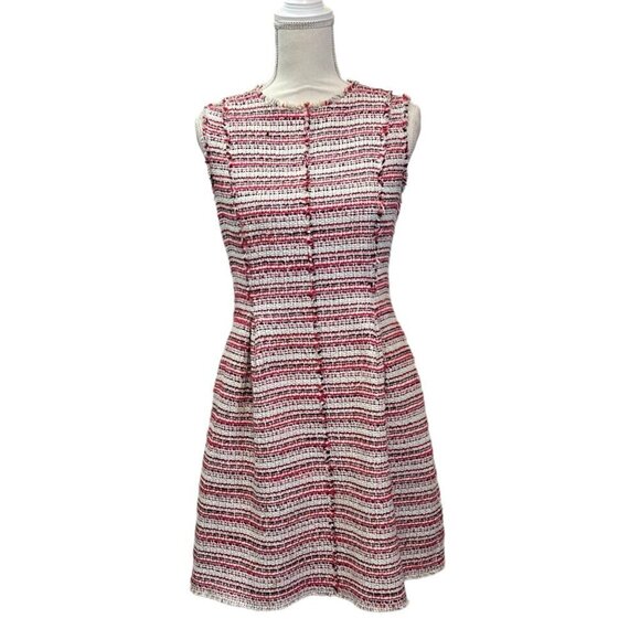 Rebecca Taylor Red & Cream Tweed Pleated Fit & Flair Raw Edge Dress Size 8 - Picture 3 of 13